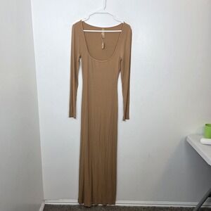 Skims Brown Ribbed Soft Lounge Long Sleeve Neutral Fitted Maxi Dress Size‎ M